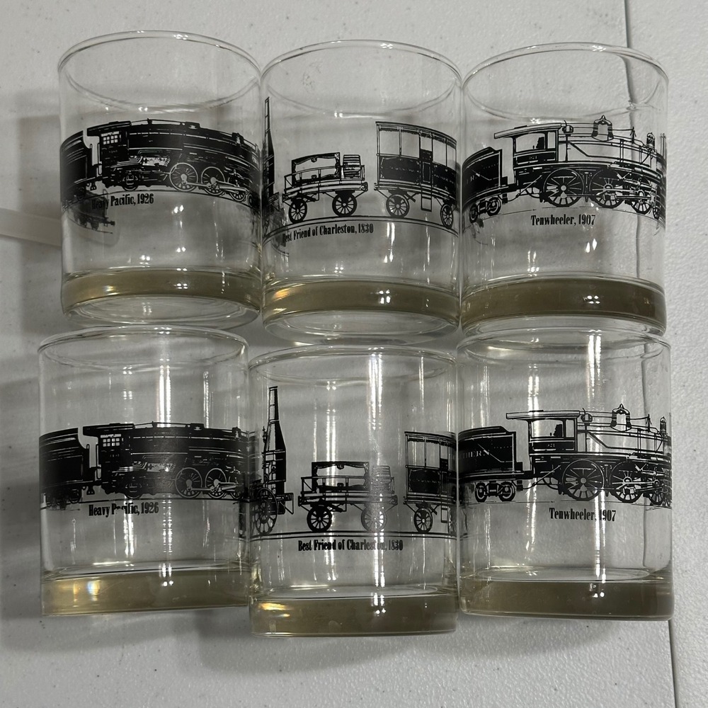 Vintage Train Lowball Drinking Glasses Set of 6 Locomotive‎ Heavy Pacific